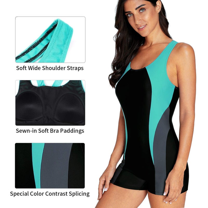 CharmLeaks Women Chlorine Proof Swimsuit Modest Racerback Aquatard Unitard 1 Piece Swimwear Aqua Black L - Image 5